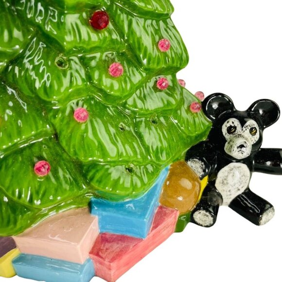 Unique Vintage Handmade Ceramic Green u Christmas Tree Little Girl Presents Tedd - Picture 11 of 16